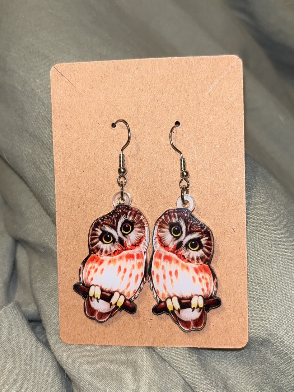 Handmade Owl Dangle Earrings in Brown and Cream